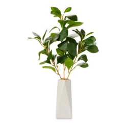 Green Artificial Leafy Stems With White Geometric Ceramic Vase