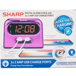 Sharp Metallic Pink Digital Alarm Clock With USB Ports