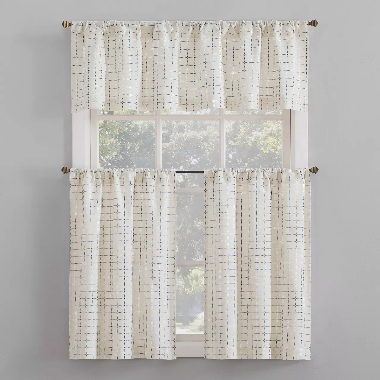Crest White & Blue Dash Grid Light-Filtering Rod Pocket Tier & Valance Curtain Set, (36" X 58")