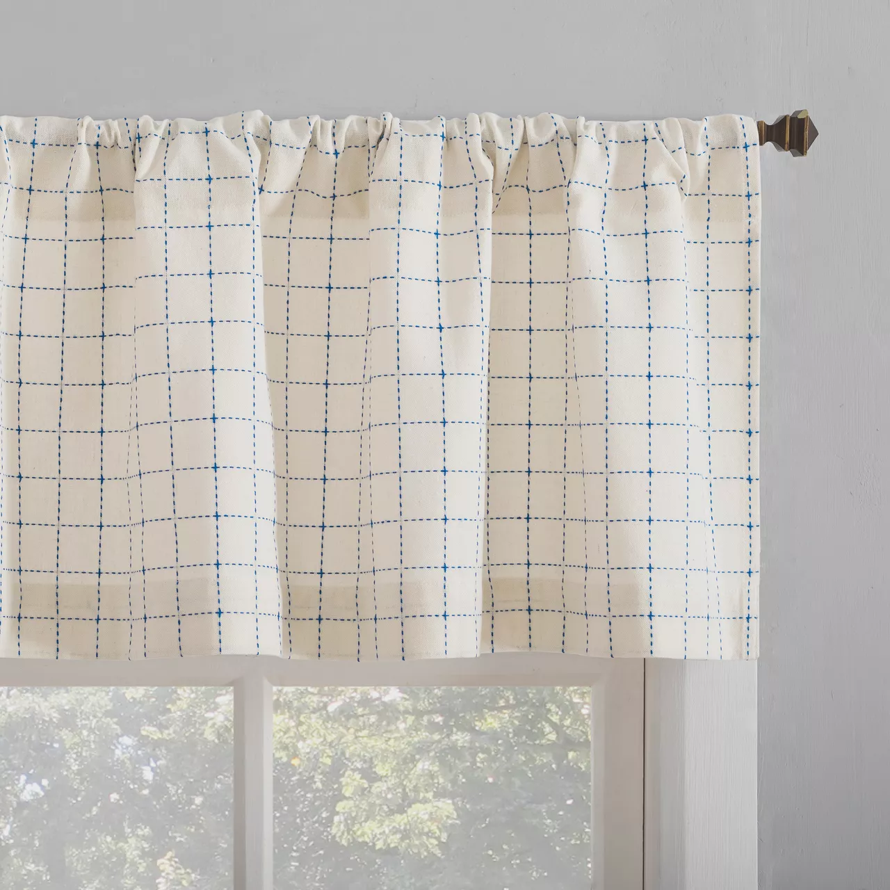Crest White & Blue Dash Grid Light-Filtering Rod Pocket Tier & Valance Curtain Set, (36" X 58") - Image 2