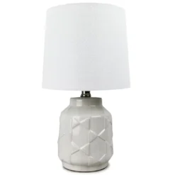 Ivory Geometric Embossed Ceramic Table Lamp With Bulb
