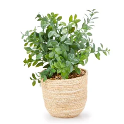 Green Artificial Leafy Plant Arrangement With Brown Woven Pot