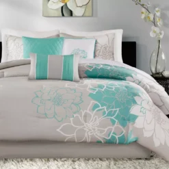 Jane Aqua & Gray Floral California King 7-Piece Comforter Set