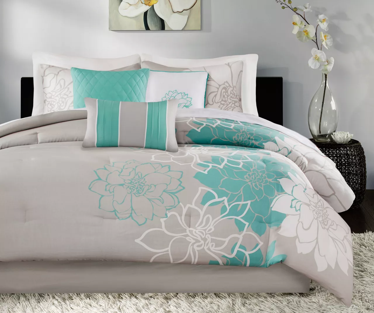 Jane Aqua & Gray Floral California King 7-Piece Comforter Set