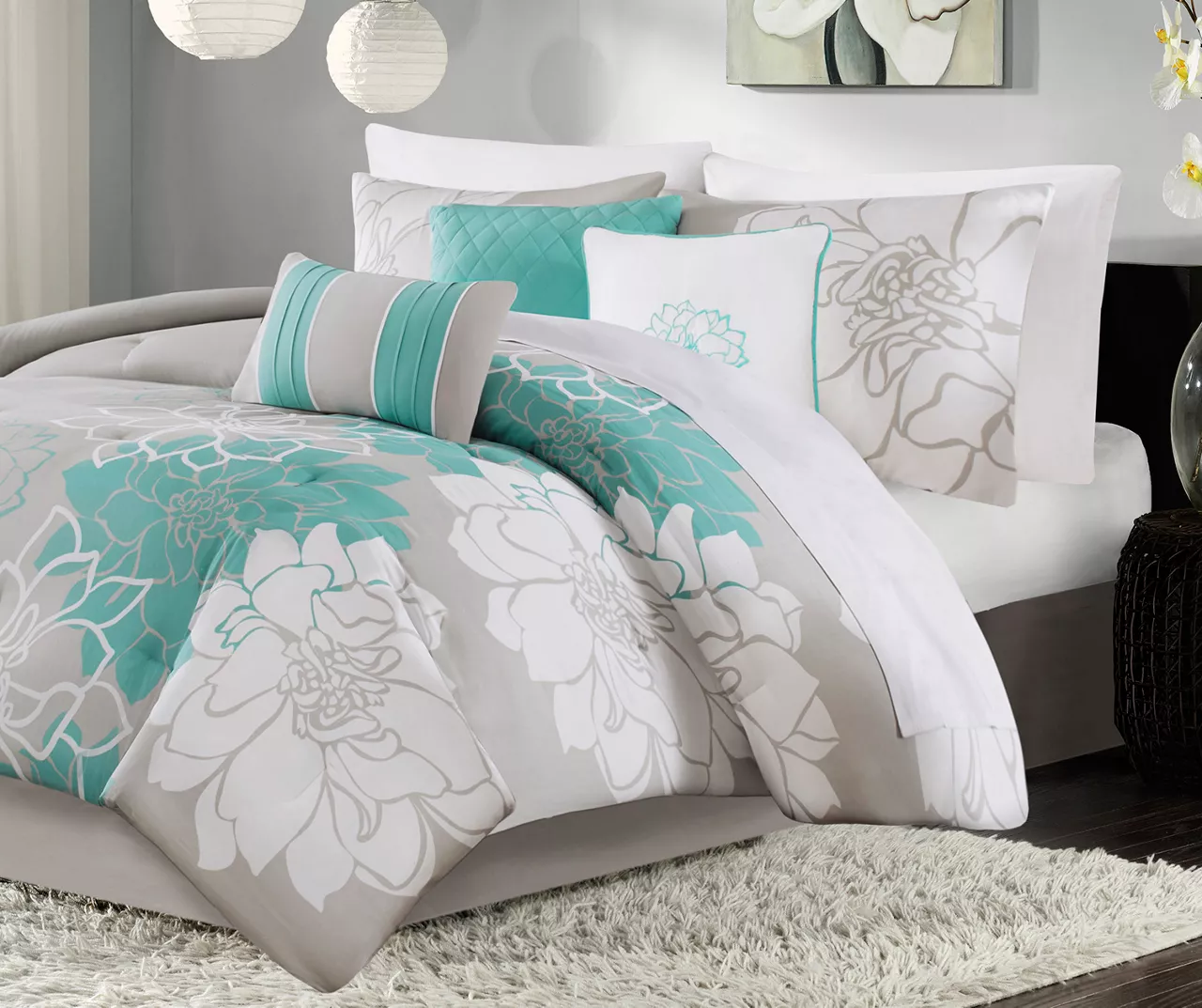 Jane Aqua & Gray Floral California King 7-Piece Comforter Set - Image 2