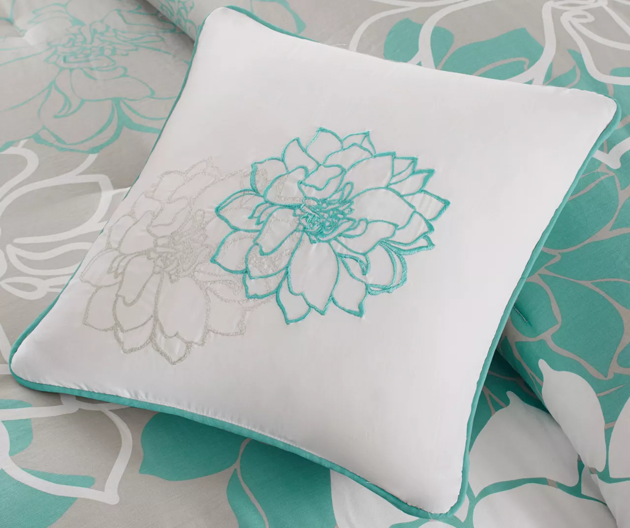 Jane Aqua & Gray Floral California King 7-Piece Comforter Set - Image 4