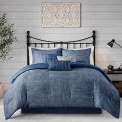 Kelan Navy Streak Patchwork Seersucker King 7-Piece Comforter Set