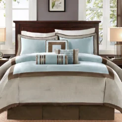 Beverly Light Blue & Brown Color Block King 7-Piece Comforter Set