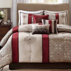 Perry Red & Brown Medallion Jacquard King 7-Piece Comforter Set