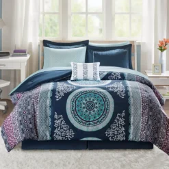 Blaire Navy & Aqua Boho Medallion Twin XL 8-Piece Comforter Set