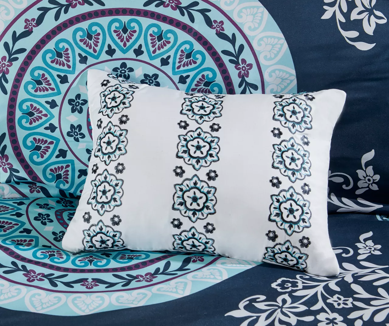 Blaire Navy & Aqua Boho Medallion Queen 10-Piece Comforter Set - Image 8