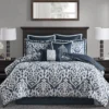 Eliot Navy & White Damask Jacquard King 8-Piece Comforter Set