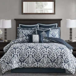 Eliot Navy & White Damask Jacquard King 8-Piece Comforter Set