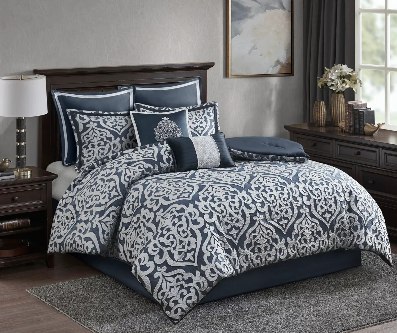 Eliot Navy & White Damask Jacquard King 8-Piece Comforter Set - Image 2