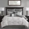 Eliot Silver & White Damask Jacquard King 8-Piece Comforter Set