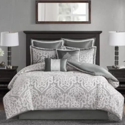 Eliot Silver & White Damask Jacquard King 8-Piece Comforter Set