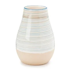 Blue & Tan Stripe Ceramic Vase