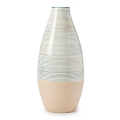 Blue & Tan Stripe Ceramic Vase, (11.9")