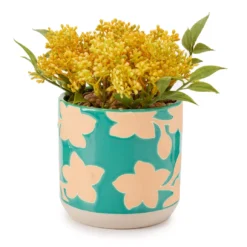 Yellow Artificial Yarrow With Blue Floral Ceramic Pot