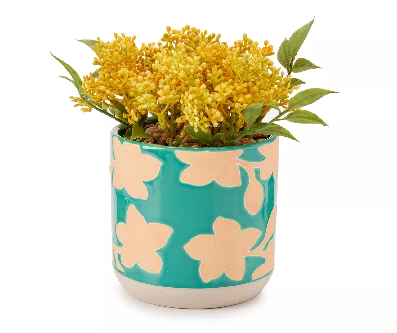 Yellow Artificial Yarrow With Blue Floral Ceramic Pot