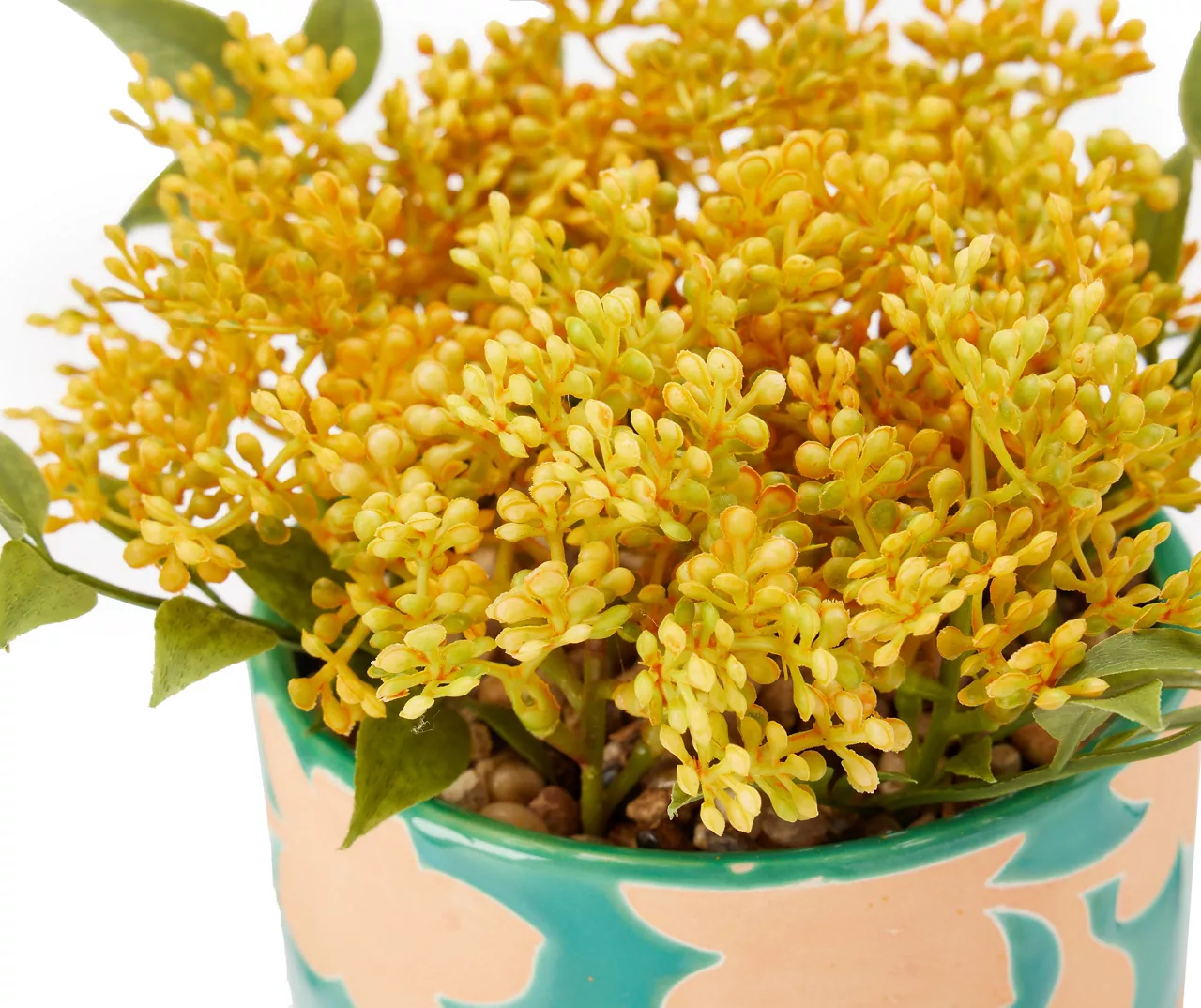 Yellow Artificial Yarrow With Blue Floral Ceramic Pot - Image 2