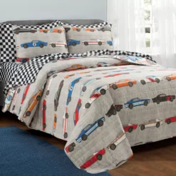 Beige Multi-Color Race Cars Twin 5-Piece Quilt Set