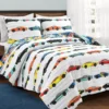 White Multi-Color Race Cars Reversible Twin 2-Piece Quilt Set