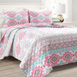 Pink & Turquoise Geometric Stripe Reversible Twin 2-Piece Quilt Set