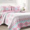 Pink & Turquoise Geometric Stripe Reversible Full/Queen 3-Piece Quilt Set
