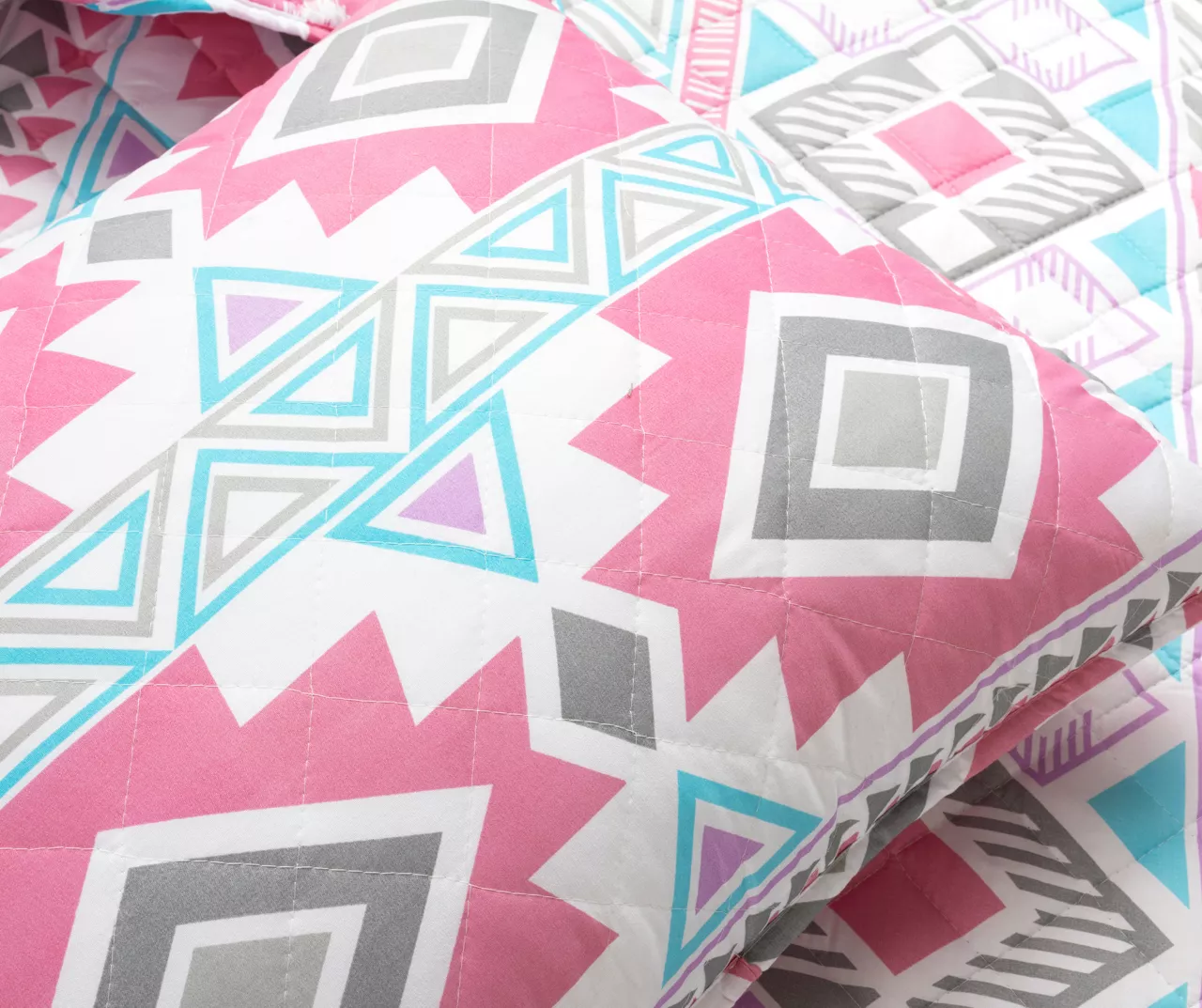 Pink & Turquoise Geometric Stripe Reversible Full/Queen 3-Piece Quilt Set - Image 5