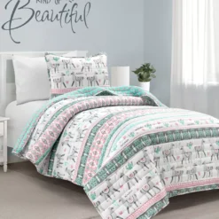 Pink & Aqua Boho Llama Reversible Twin 2-Piece Quilt Set