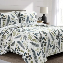 Devonia White & Green Botanical Reversible Cotton Full/Queen 3-Piece Quilt Set