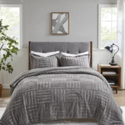 Polar Gray Patchwork Stripe Faux Fur Full/Queen 3-Piece Comforter Set