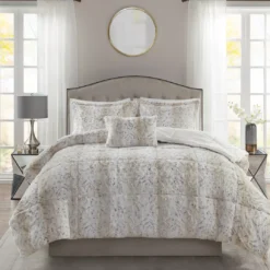 Marselle White & Tan Snow Leopard Print Faux Fur King 4-Piece Comforter Set
