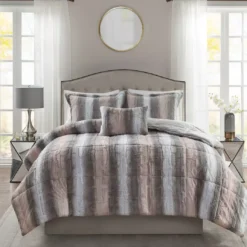 Marselle Blush & Gray Stripe Faux Fur King 4-Piece Comforter Set