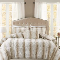Marselle Sand & White Stripe Faux Fur Full/Queen 4-Piece Comforter Set
