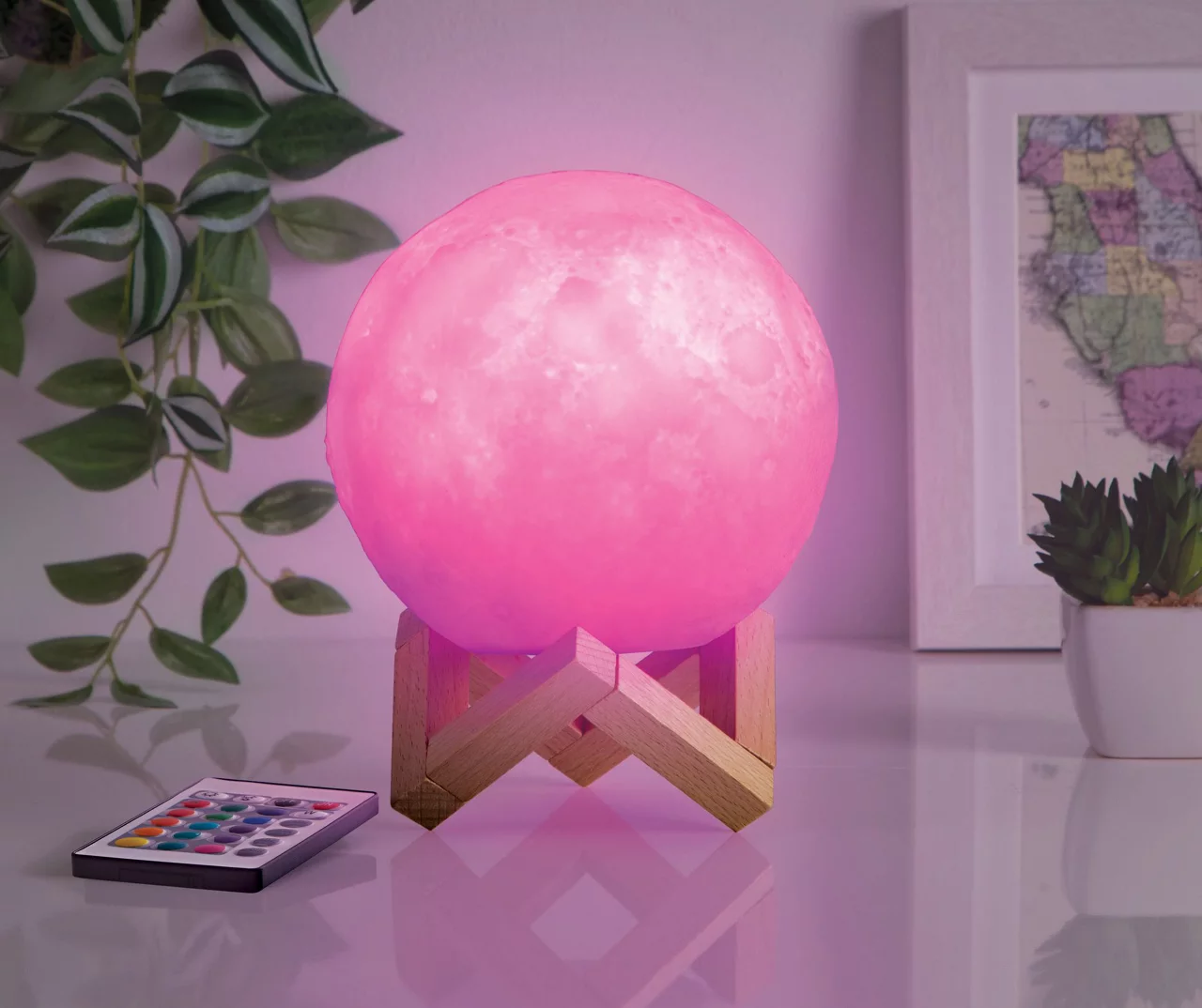 RGB LED Moon Lamp With Wood Stand - Image 2