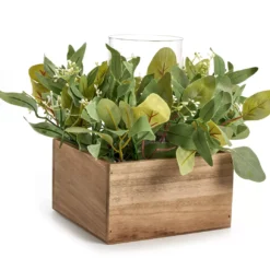 Artificial Greenery With Brown Square Wood Pot & Glass Hurricane