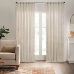Amari Beige & Oatmeal Stripe Light-Filtering Rod Pocket Curtain Panel, (63")
