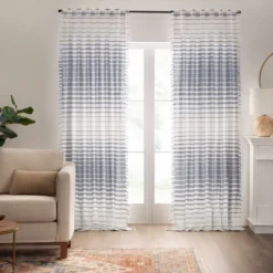 Amari White & Navy Stripe Light-Filtering Rod Pocket Curtain Panel, (95")