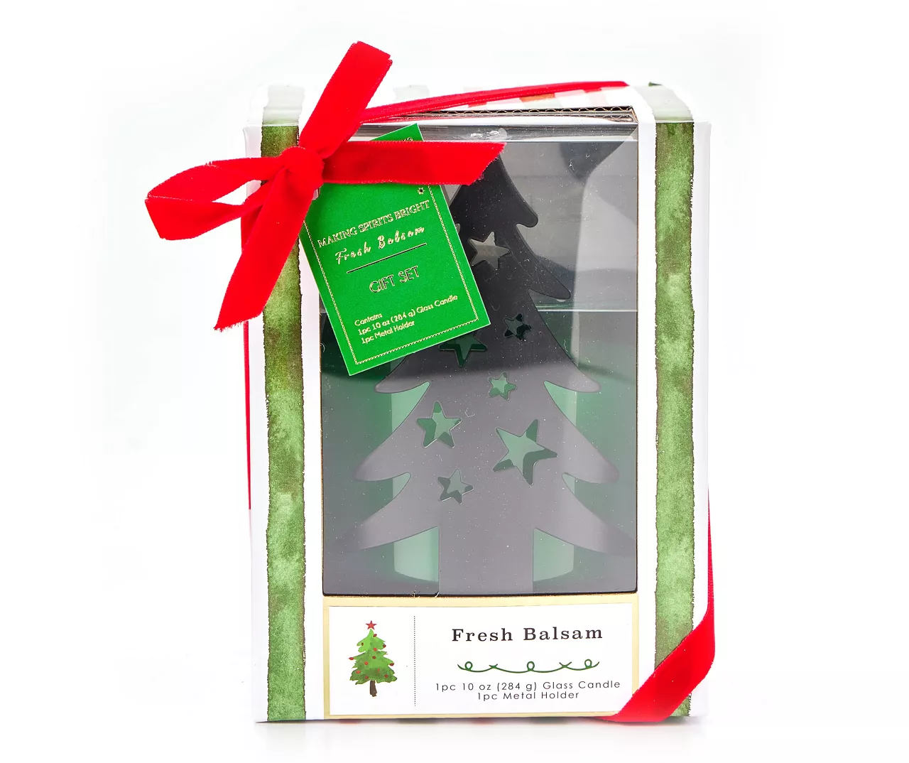 Fresh Balsam Glass Candle & Metal Tree Holder Gift Set, 10 Oz.
