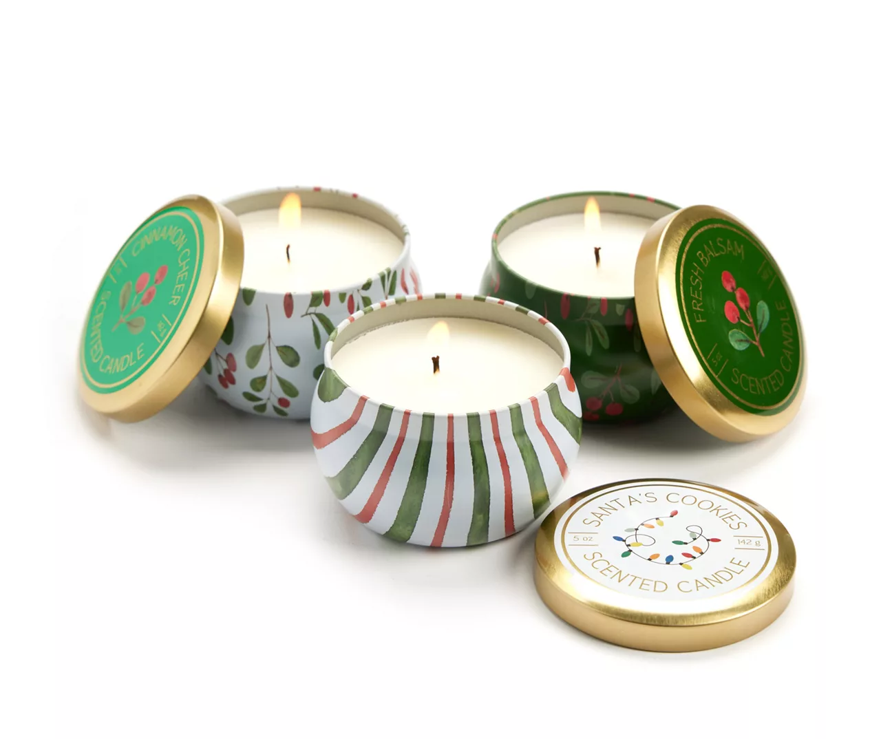 Fresh Balsam, Santa's Cookies & Cinnamon Cheer Holly Berry Tin Candle Gift Set, 3-Pack - Image 3