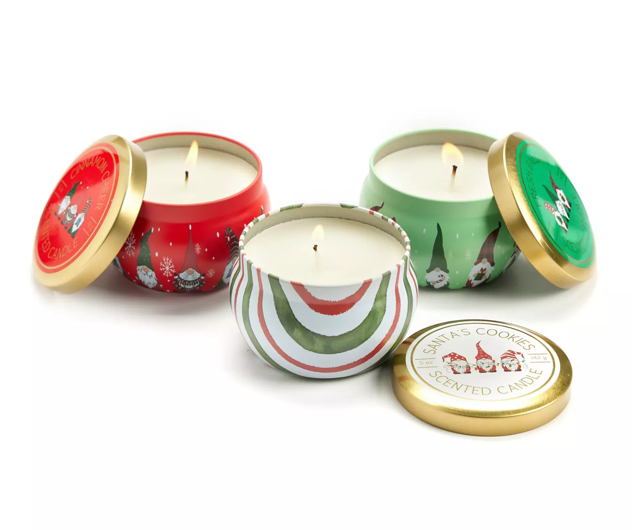 Fresh Balsam, Santa's Cookies & Cinnamon Cheer Gnome Tin Candle Gift Set, 3-Pack - Image 3