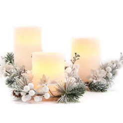 Snowy Pine & Berry 3-Piece LED Pillar Candle Set