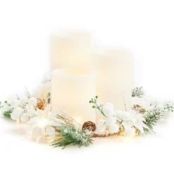 Frosted Pine 3-Piece LED Pillar Candle Centerpiece With Pine & Berry Ring