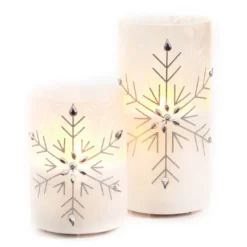 Silver Glitter & Gem Snowflake 2-Piece LED Pillar Candle Set