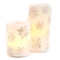 Silver Snowflake 2-Piece LED Pillar Candle Set