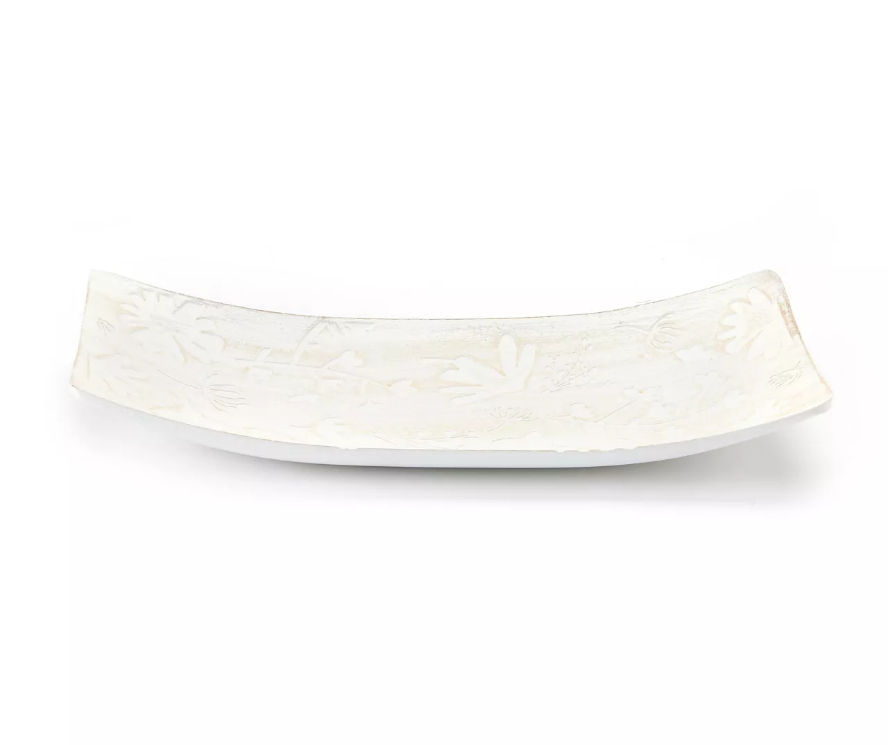 Distressed White Carved Floral Boat Tray, (6" X 15")