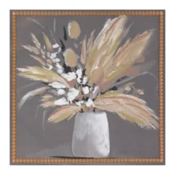 Mixed Florals In White Vase Beaded Frame Art Canvas, (17" X 17")