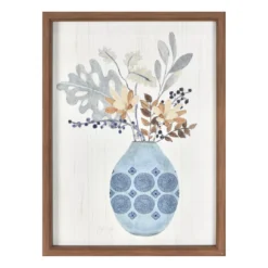 Boho Flower Bouquet In Blue Vase Framed Art, (12" X 16")